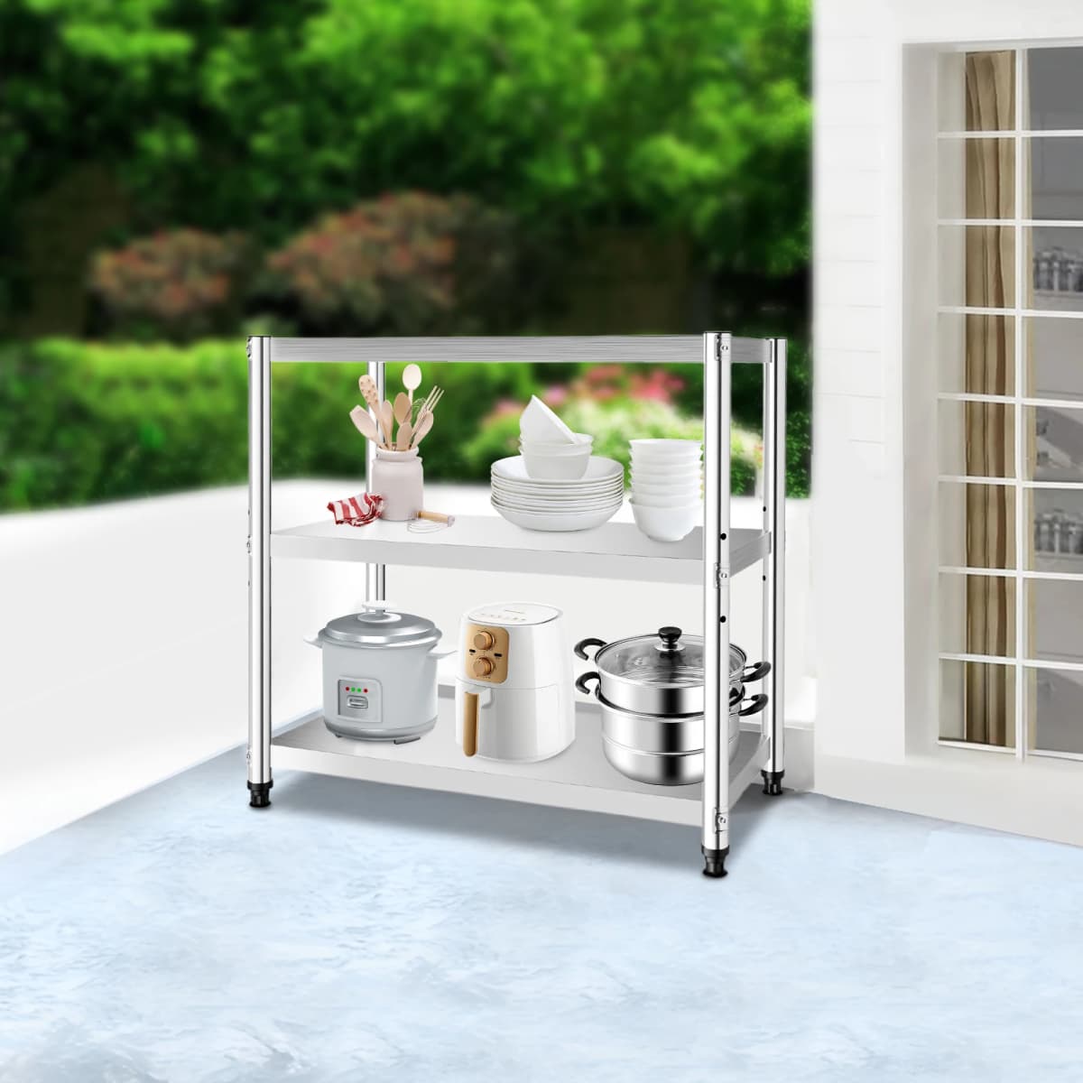 Kitchen workbench, commercial dining table, kitchen preparation table, 3-layer 201 stainless steel rack length 80x80x40cm