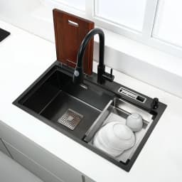 High and Low Kitchen Sink With Knife Holder Cutting Board Rack Stainless Steel Pia Matte Black Sink Vegetable Washing Basin