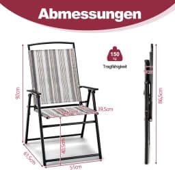 Set of 2 Garden Chairs, High-Backed Folding Chairs with Armrests, Balcony Chairs with Breathable Fabric, Patio Chairs