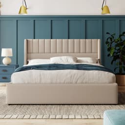 KOMHTOM Hydraulic double bed 180x200cm with upholstery, Wood slatted metal frame, linen, beige