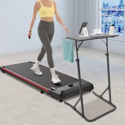 Adjustable Standing Desk with Cup Holder, Height Adjustable Laptop Workstation for Home Office, Fits Exercise Bike & Treadmill, Portable Fitness Desk with Caster Wheels