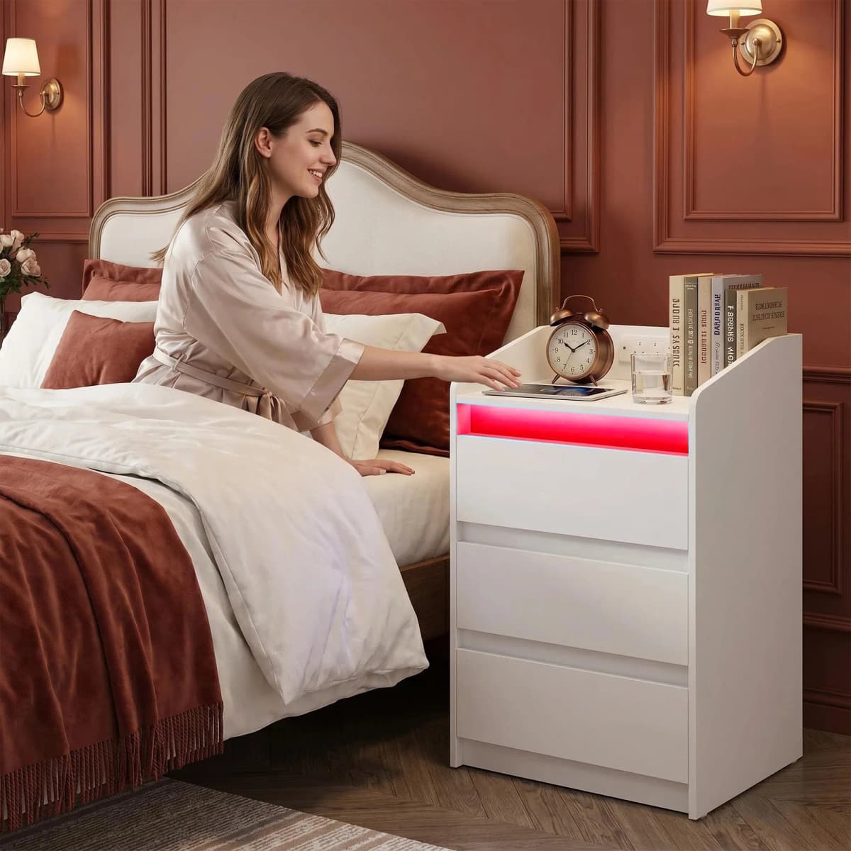 Bedside Table Set of 2 with 3 Drawers, Side Table with Charging Station and LED, 2 AC and 2 USB Ports for Bedroom,White