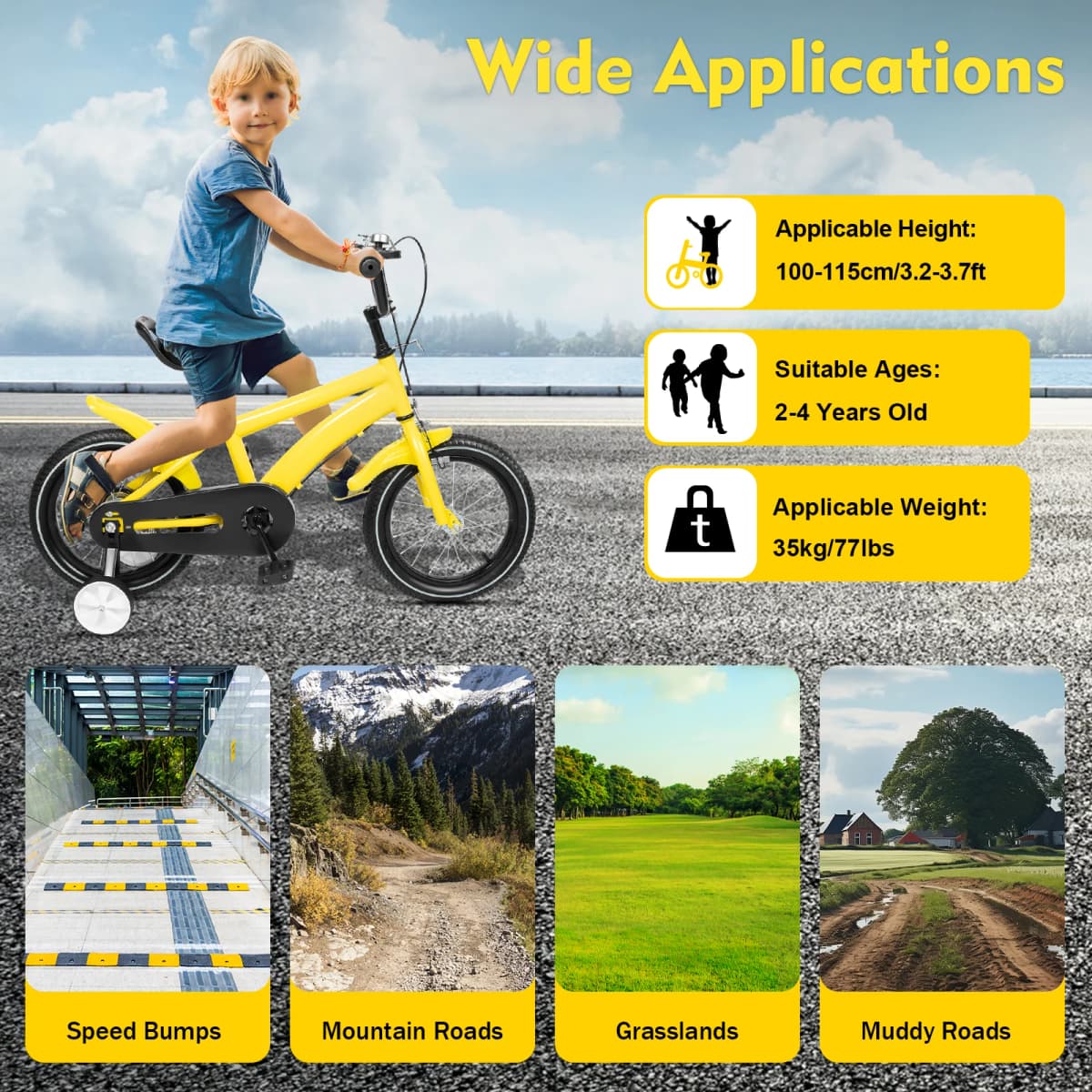 Children’s Bike with Adjustable Seat and Training Wheels, Lightweight Carbon Steel Frame, 39.17 Inch, Yellow/Black