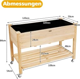 Raised Bed with Shelf & Wheels, Raised Wooden Garden Bed, Planter with Lockable Wheels & Cover Film, 120 x 59 x 84 cm