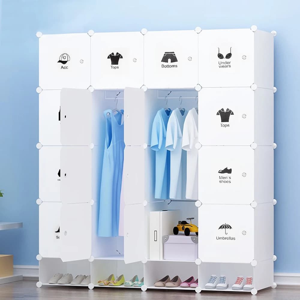Wardrobe, Shoe Cabinet, Cube Shelf Storage Wardrobe Cabinet 16 Compartments Plastic Modular Shoes, White, 147 X 36 X 162 Cm