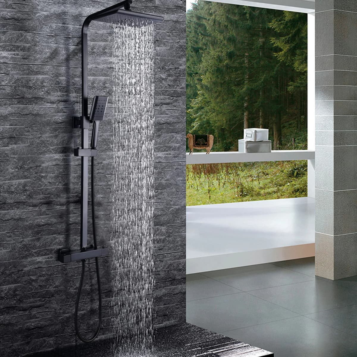(Black) Rain Shower System with Thermostat Shower Set, Overhead Shower Hand Shower Stainless Steel Shower Set, Rod 90-110 cm