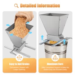 4L Manual Malt Mill Stainless Steel Malt Crusher Heavy Duty Homebrew Grain Crusher Adjustable Barley Grinder