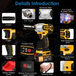 Jemi Tool Cordless Impact Wrench -1/2' Brushless Impact Gun, Max Torque 512N.m, Portable (Sleeve and Drill Converter Optional)