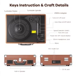 Maio C200 Belt-Driven Vintage Gramophone Device, Vinyl Record, Turntable, High-Fidelity Stereo, Built-In Speaker, 3-Speed