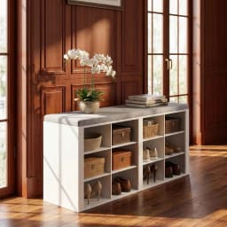 HaluPeit Shoe Bench with Cushion, Entryway Storage Bench with 12 Cubbies, Cubby Shoe Rack with Adjustable Shelves, Shoe Organizer Cabinet