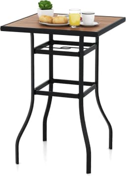 Bistro table with umbrella hole, garden table with wood look tabletop, square balcony table for garden, 70 x 70 x 102 cm