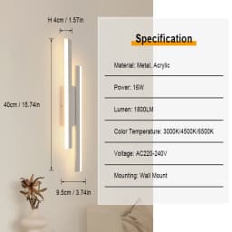 LED Interior Wall Sconce,16W Dimmable 3 Colour Temperature Modern LED Wall Lights For Bedroom,Study,Hallway,3000K/4500K/6500K