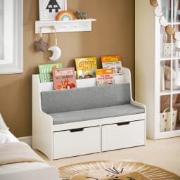 Sobuy Kmb66-W Kids' Bench Seat with Bookshelf Toy Chest Storage Box with Wheels Shoe Bench with Seat Cushion