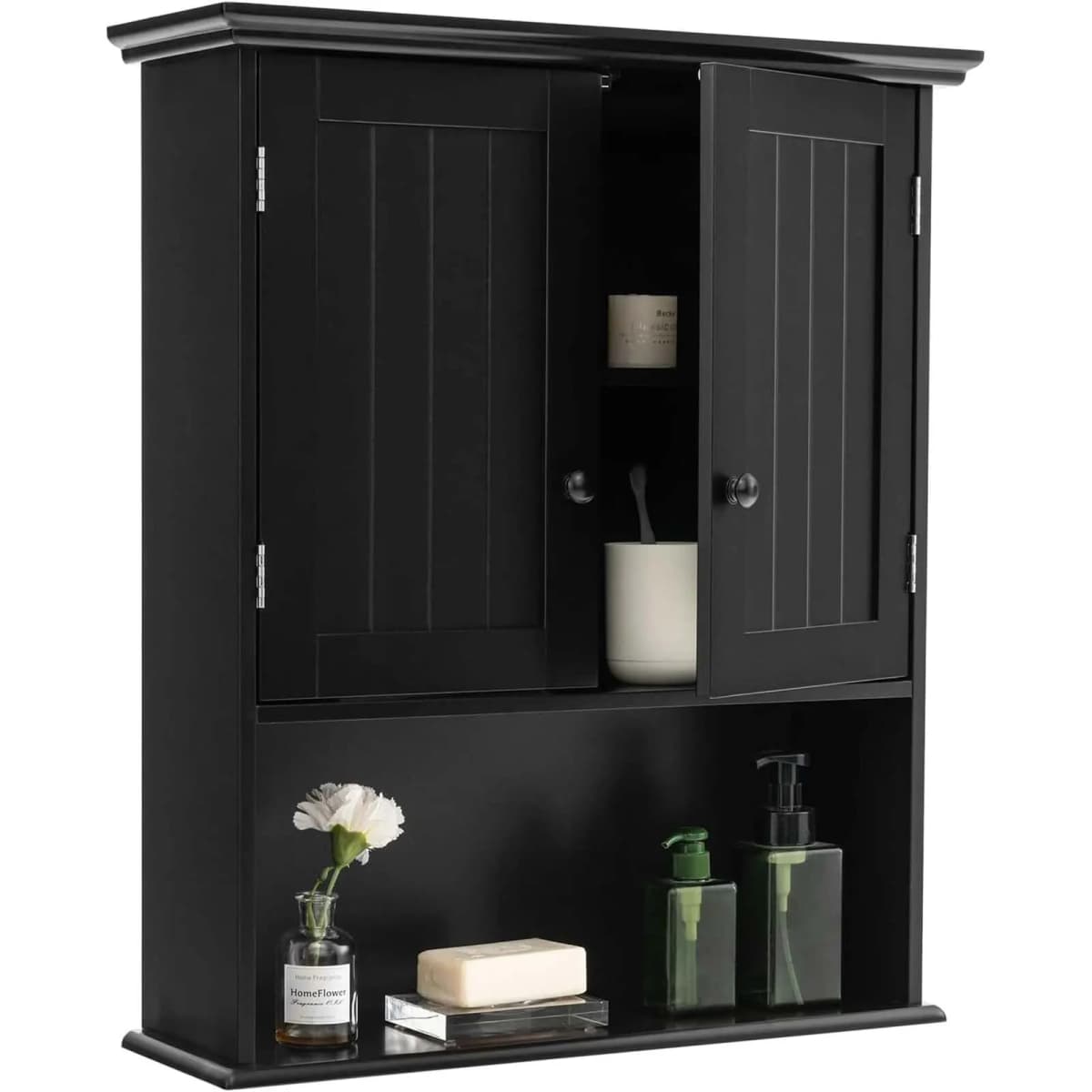 Wall Cupboard, Medicine Cabinet, Wall Cabinet with Double Door, Bathroom Cabinet, Base Cabinet with Adjustable Shelf (Black)