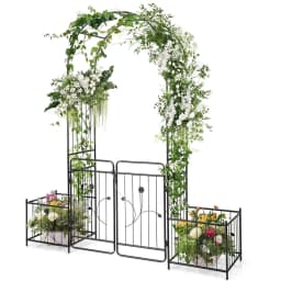 Rose Arch with Door, Metal Garden Arch, Archway with 2 Planters, Trellis Arch for Climbing Plants, Black, 202 x 50 x 220 cm