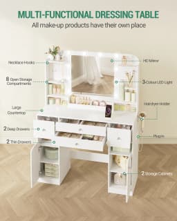 Dressing Table with LED Lighting with Plug and Hair Dryer Holder, with 2 Large Drawers with Jewellery Tray, White
