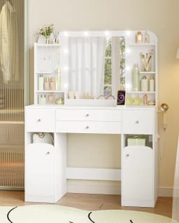 Dressing Table with LED Lighting with Plug and Hair Dryer Holder, with 2 Large Drawers with Jewellery Tray, White