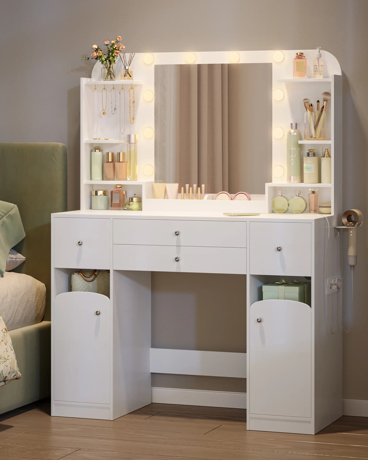 Dressing Table with LED Lighting with Plug and Hair Dryer Holder, with 2 Large Drawers with Jewellery Tray, White