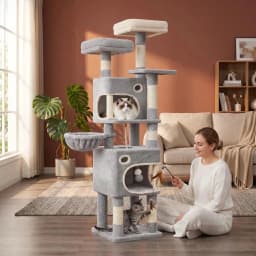 159cm Cat Tree for Indoor Cats, Cat Tower, Multi-Level Cats Condo with 8 Scratching Posts, 3 Platforms, 2 Caves, Basket