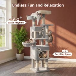 159cm Cat Tree for Indoor Cats, Cat Tower, Multi-Level Cats Condo with 8 Scratching Posts, 3 Platforms, 2 Caves, Basket