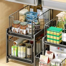 Pull-Out Sliding Drawer Cabinet Organizer, Slide-Out Stackable Under Sink Cabinet Organizer 2 Tier Storage Shelf, Multipurpose F