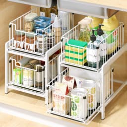 Pull-Out Sliding Drawer Cabinet Organizer, Slide-Out Stackable Under Sink Cabinet Organizer 2 Tier Storage Shelf, Multipurpose F