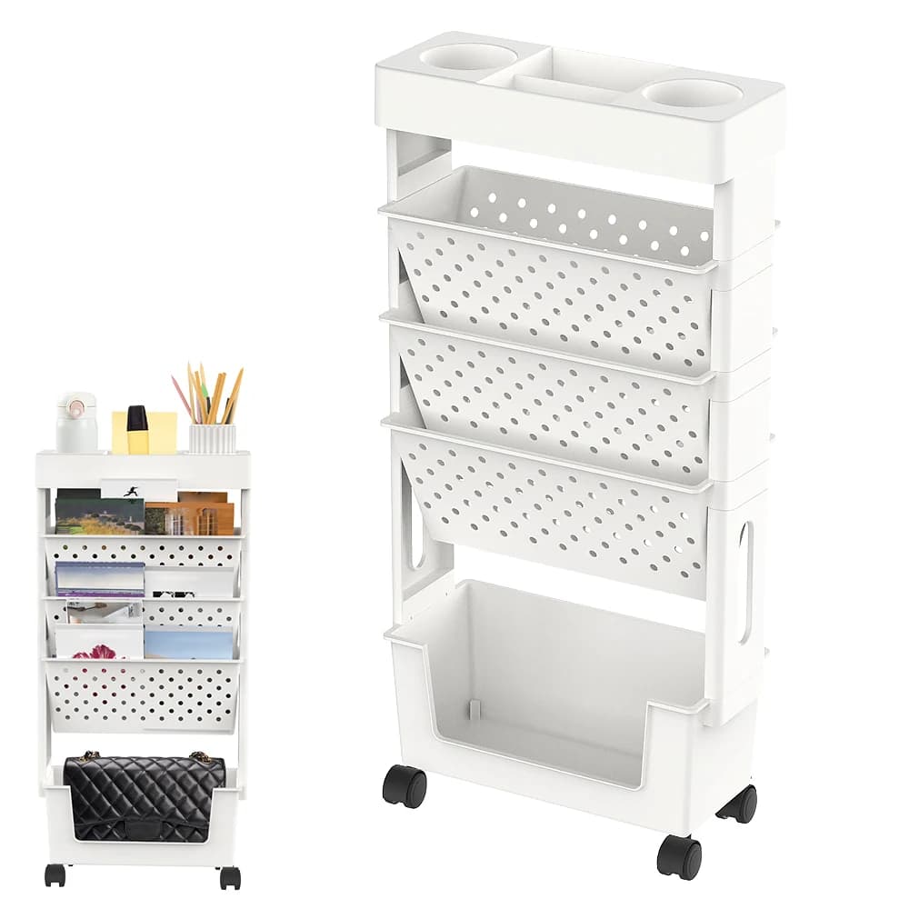5-Layer Movable Bookshelf Trolley Document Book Magazine Stationery Trolley Classroom Office Snacks Water Bottle Storage Rack
