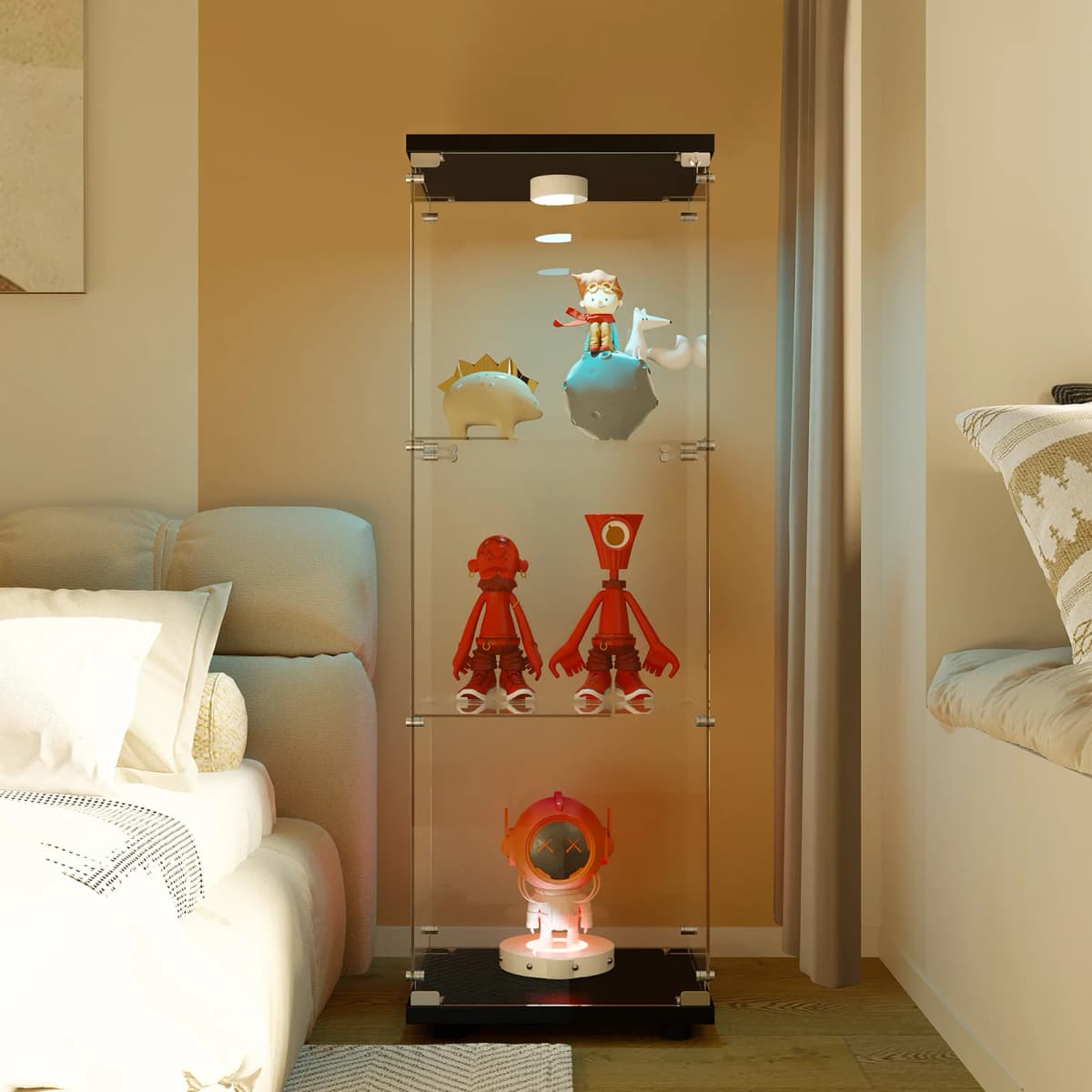 Glass Display Cabinet in White, 125 x 42 x 36 cm, Modern Glass Wooden Display Cabinet with 3 Shelves Made of ESG for Collectible