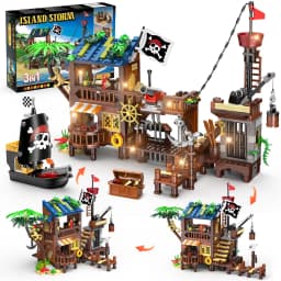 HOGOKIDS Pirate Ship Wharf Building Toy with LED–Medieval Pirate House BuildingBlock Set, Architecture for Kids6+ Birthday Gift