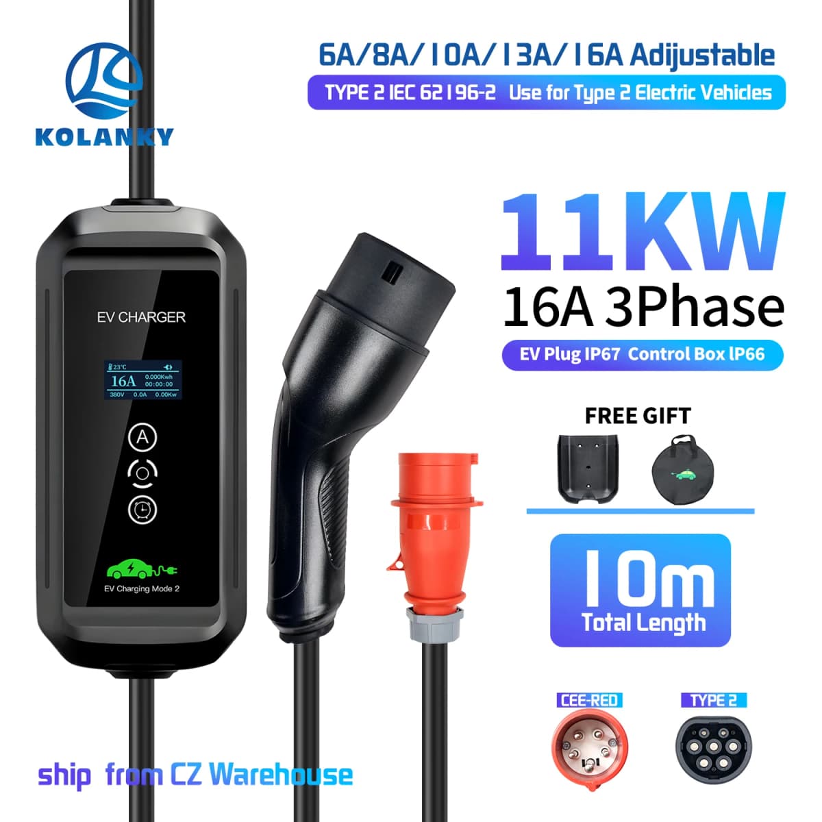 Kolanky Type 2 Portable EV Charger 11KW 16A 3 Phase Charging Cable 10m CEE Plug for Electric Vehicle Car Timer Adjust Current