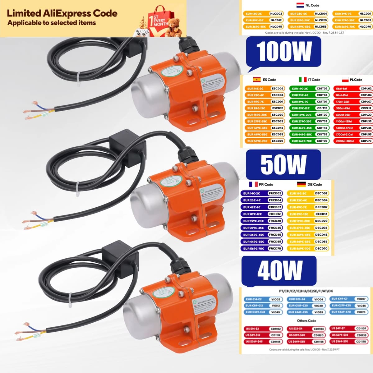 100W/50W/40W Ac Vibration Motor Vibrating Asynchronous Vibrator 220V 3000Rpm EU