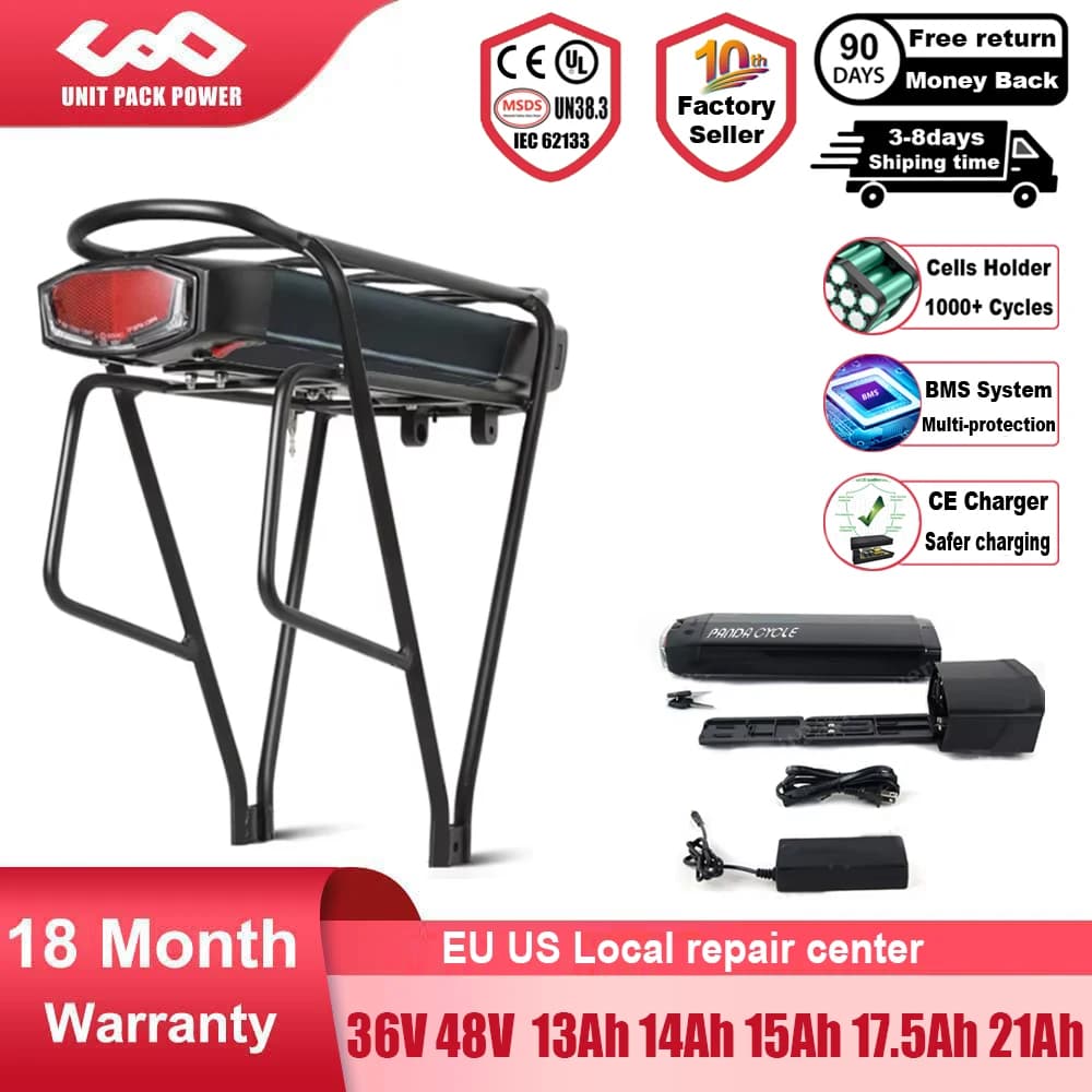 Ebike Battery 36V 18Ah 17.5Ah 13AH 15H Rear Rack Electric Bicycle Battery 18650 27100 Pack for 36V 250W 350W 500W Motor Kit
