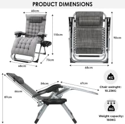 Sun Lounger, Foldable Deck Chair, Removable Comfortable Cotton Cushion, Garden Lounger, Adjustable with Headrest and Cup Holder