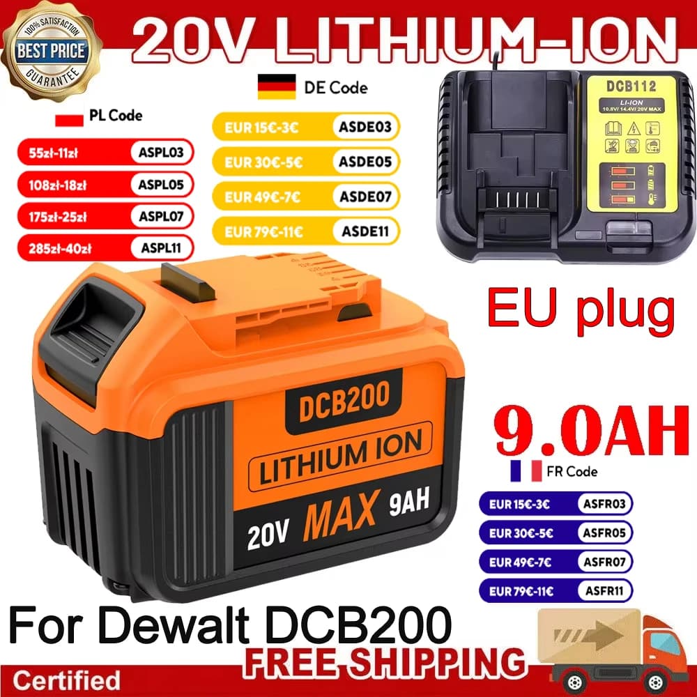 9000MAH For Dewalt DCB200 Replacement Battery Compatible Charger For Dewalt 18V 20V Tools DCB120 DCB182 DCB200 DCB609 Battery