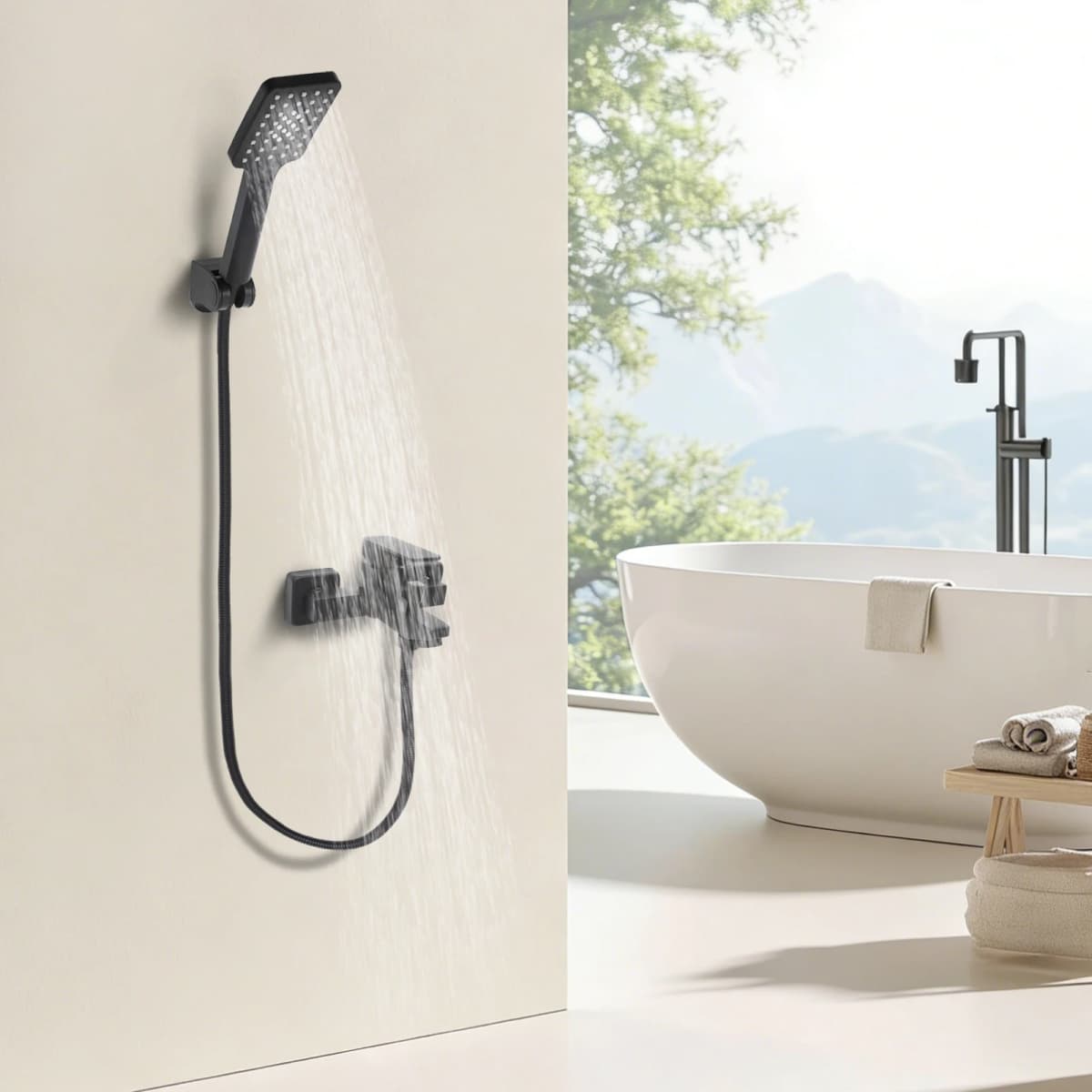 Modern Stylish Shower Set Fittings Bathtub Faucet Wall Mount with Handheld Spray Black with Hand Braze