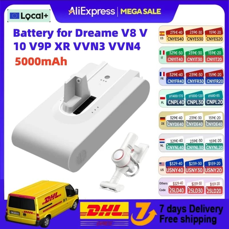 Original 5000mAh Battery For Dreame V9 V9P XR V10 VVN3 VVN4 V8 Replacement Battery Handheld Cordless Vacuum Cleaner Accessory