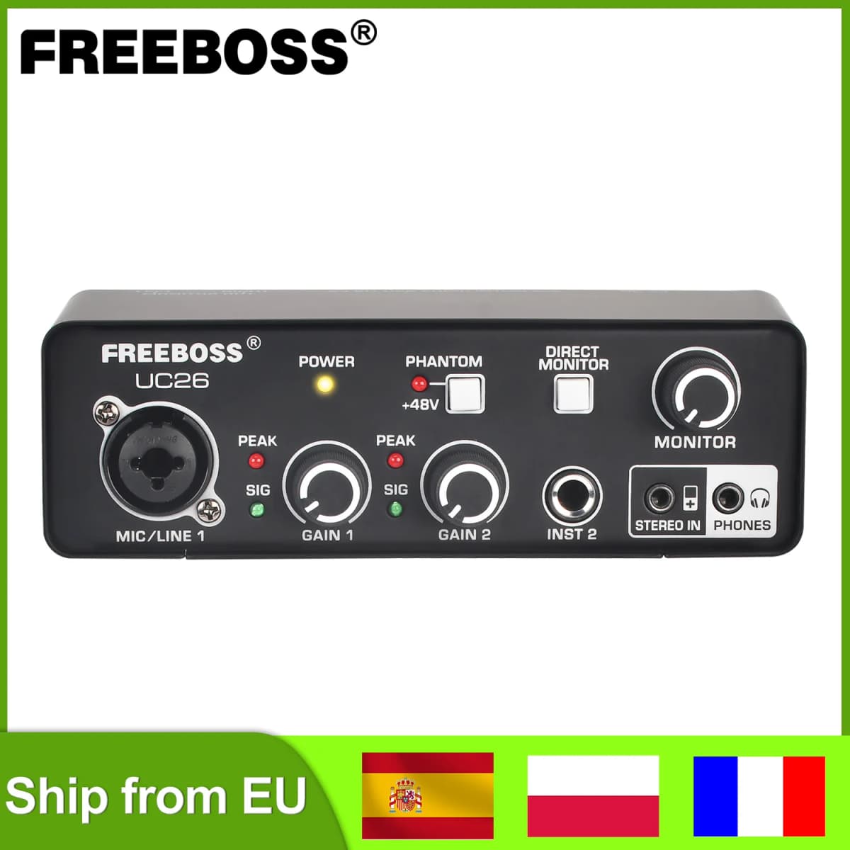 FREEBOSS Stereo Recording Audio Interface Guitar ASIO4ALL 3 Channels Input Monitor 48V External Usb Sound Card for Studio UC26