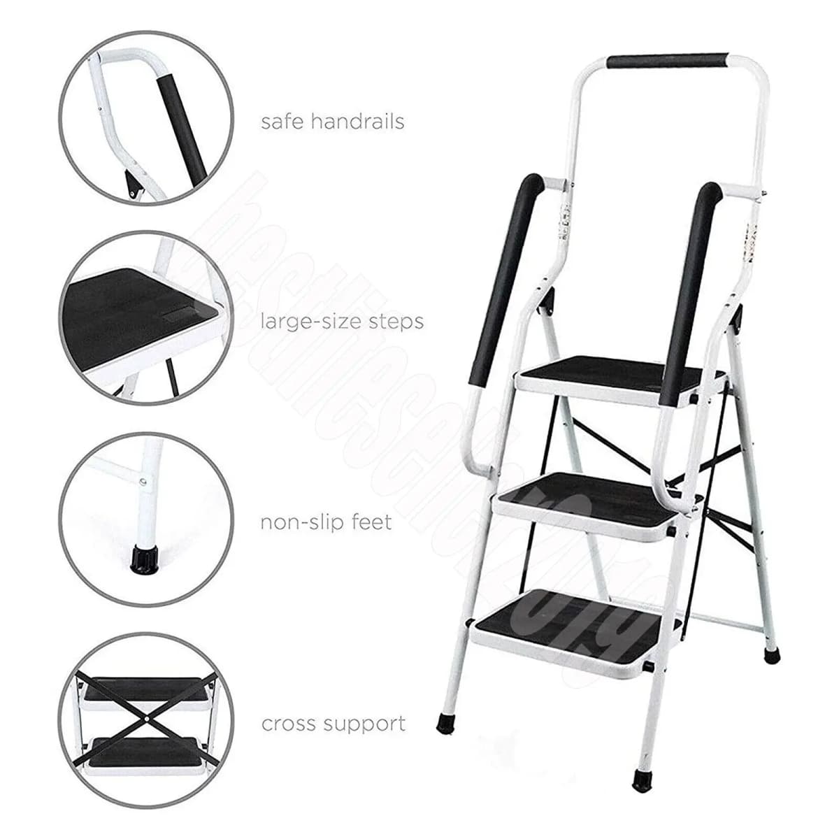 Foldable 3 Step Ladder with Handrails, Steel, Large Size Pedal, Anti-Slip Feet, 150 Kg Capacity, Easy to Store, for Home Kitchen