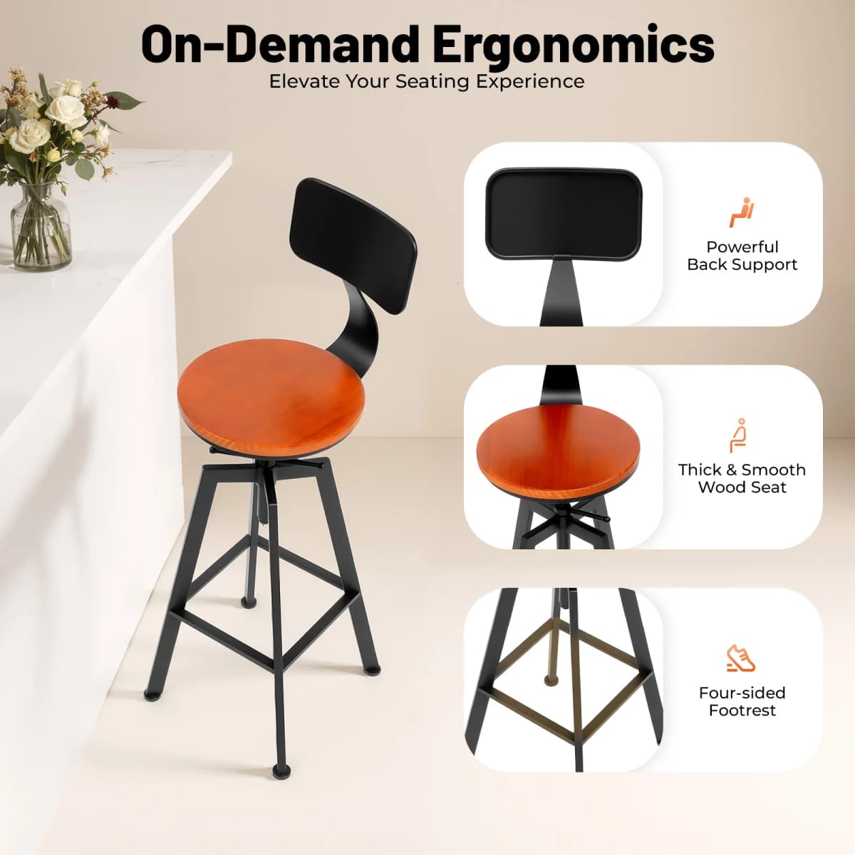 2pcs Bar Stool Wood Bar Chair Height Adjustable Bar Stool Kitchen Bar Chairs with Backrest Dining Table and Chairs Bar