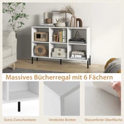 6 Compartments Bookshelf with raised metal legs and adjustable shelves, dice shelf storage shelf
