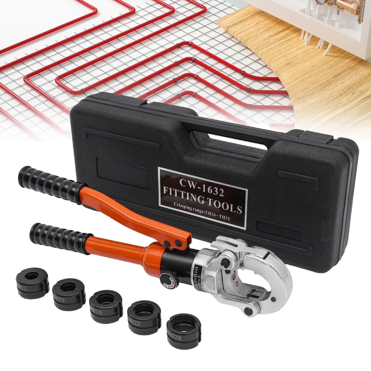 8T 360° Rotatable Head Hydraulic Copper Pipe Crimping Tool Pliers CW-1632 V Set -5 dies -12, 15, 18, 22, 28