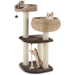 Cat Tree 104 CM for cats and kittens, 4 tiers, with sisal posts, soft cushions, suspension ball and rope, brown and beige