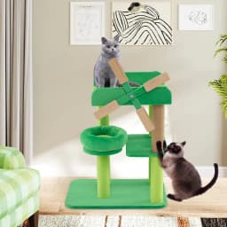 Cat tree with scratching post, round padded platform, large perch on top, indoor cat climbing tree