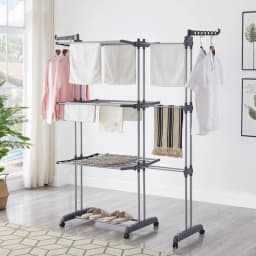 Three-tier indoor clothes drying rack, adjustable telescopic clothes dryer, large capacity 75-142.5 * 64 * 170cm, with 6 360° pa
