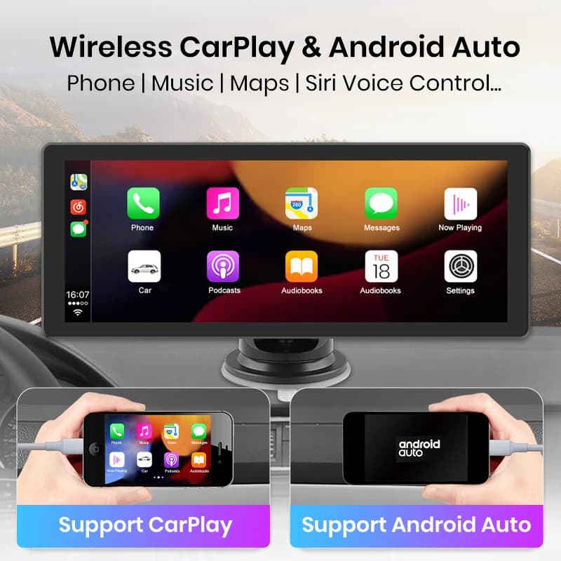 Junsun 10.26 inch Touchscreen Portable Wireless CarPlay for Apple Android Car Stereo Bluetooth AUX GPS FM