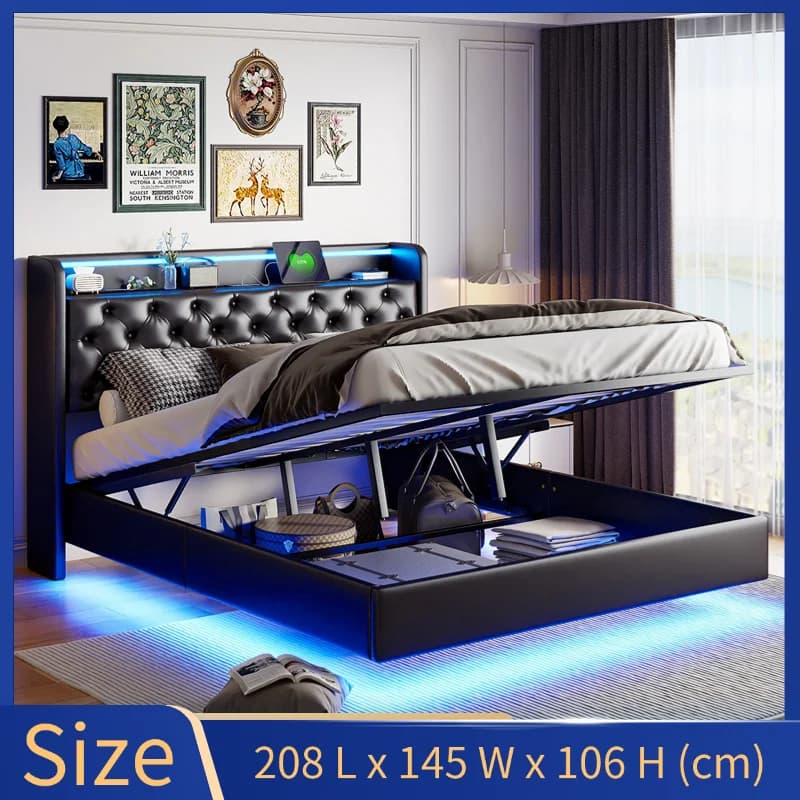 Creahappy Spring Mattress Bed, Double Bed Frame,Headboard Soft Storage with LED Lighting,Fashionable Soft Bed with Storage Space