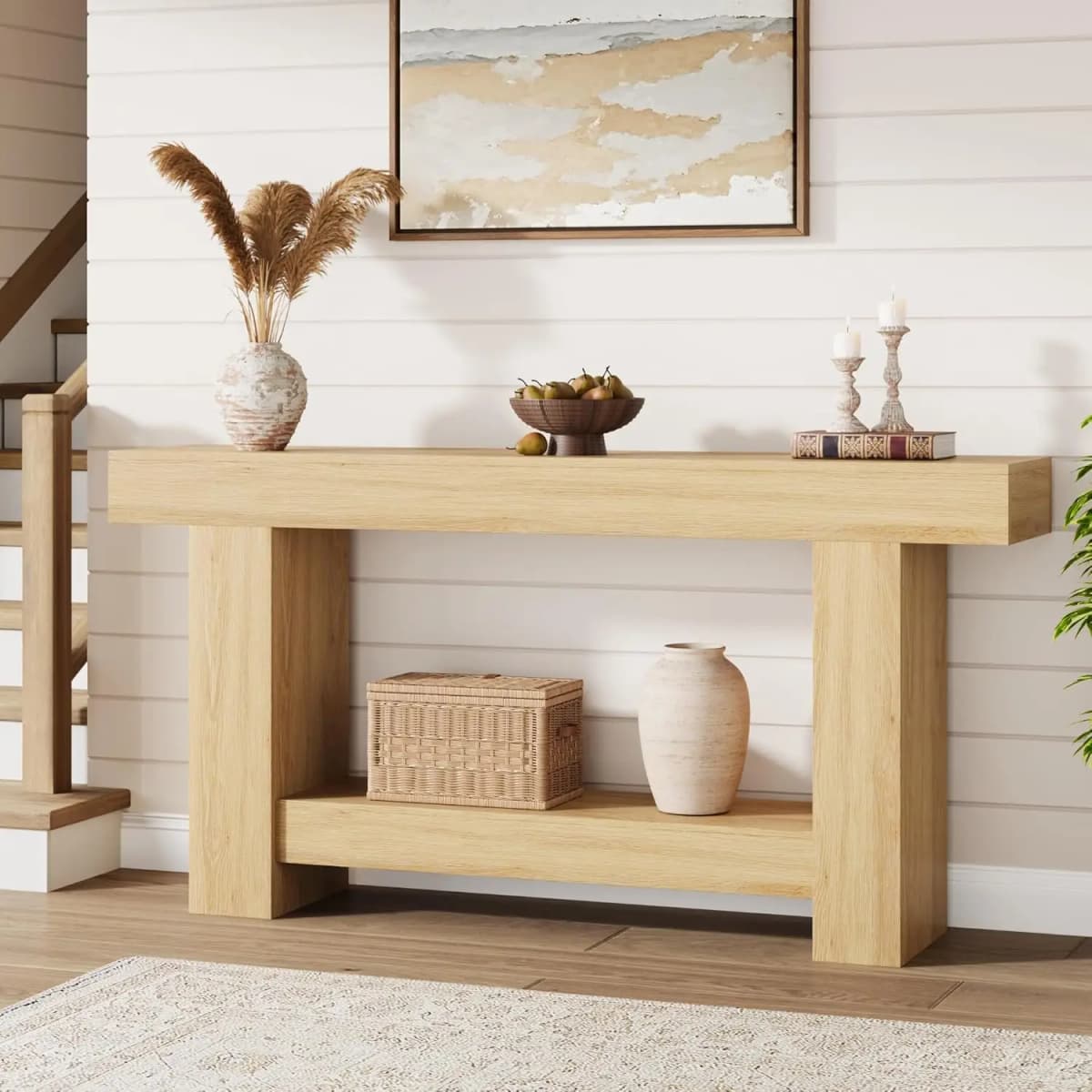 120cm/160cm Long Farmhouse Wooden Console Table 2-Tier Large Sofa Table with Storage for Living Room Entryway Entry Hallway