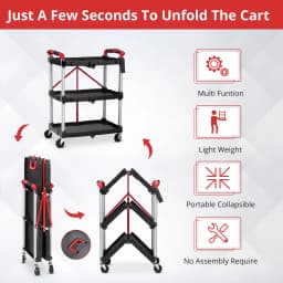 3 Tier Rolling Cart, 167Lbs Foldable Utility Service Cart with Lockable Wheels for Warehouse Garden Office Kitchen