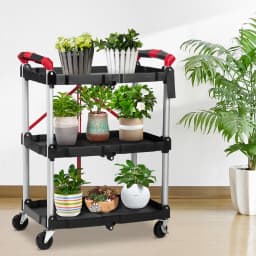 3 Tier Rolling Cart, 167Lbs Foldable Utility Service Cart with Lockable Wheels for Warehouse Garden Office Kitchen