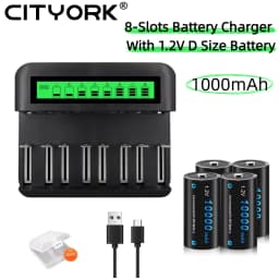 CITYORK 1.2V D Battery 10000 mAh LR20 R20 NIMH + LCD Smart Charger for AA AAA C D 9V Batteries